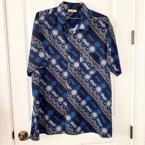 ChrmkpR men casual collared button down short sleeve blue geometric design shirt